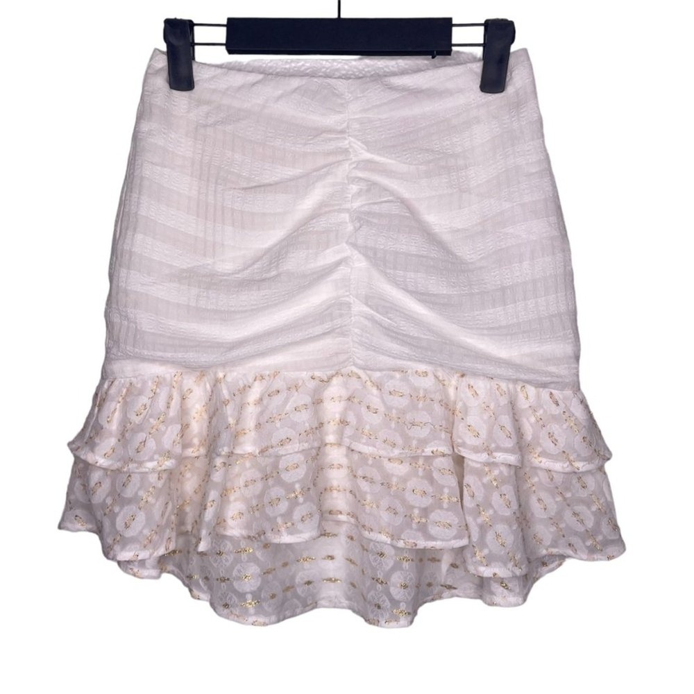 Red Carter White Gold Metallic Ruffle Mini Skirt Ruched High Low XS NWT